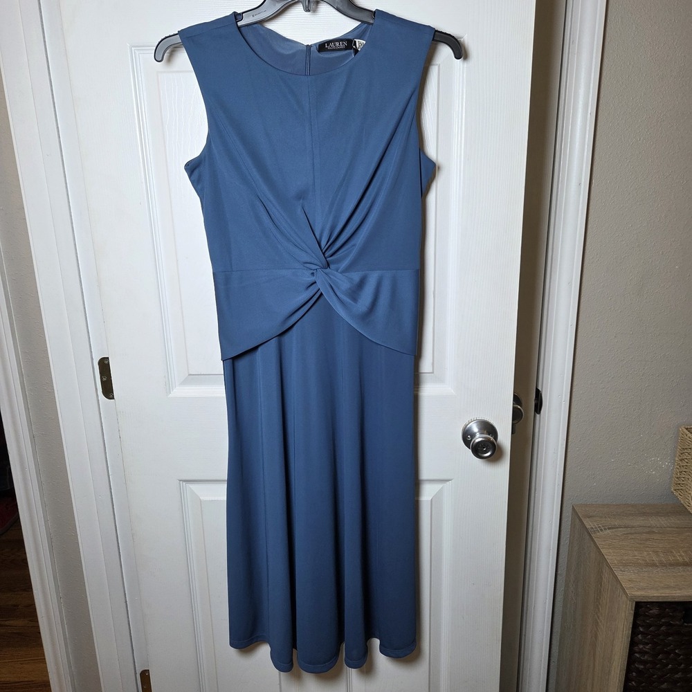 Ralph Lauren LRL Sz 6 Tessanne blue Midi Dress Stretch Twist NWT chic classic
